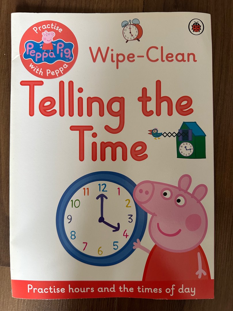 Peppa pig wipe and clean telling the time, 興趣及遊戲, 書本 & 文具, 小朋友書 - Carousell