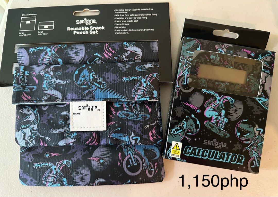 Smiggle Reusable Snack Pouch Set and Smiggle Calculator (Category: Stationery & School Supplies) located in Paranaque City. Submitted by sellingstuff22 (Listing ID 1250018585, Image 1). Description: 100% authentic Smiggle Australia bought Set of two includes: (1150) Smiggle Reusable Snack Pouch (2pcs) Smiggle Calculator Brandnew Set of three includes the above plus nesting container set 4in1 (2000php) .