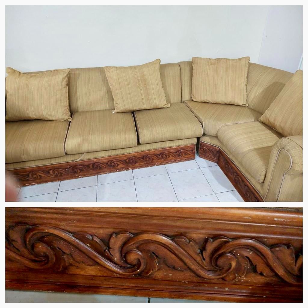 Sofa Set for Sale (Category: Sofas) located in Manila. Submitted by trish987 (Listing ID 1250817263, Image 1). Description: SOFA SET for SALE 5-seater L-shaped teak wood sofa with carved base Italian fabric upholstery Sofa can be separated in 2 Approx 120 in length. Pick up: Makati Can PM for viewing or more photos p35k.