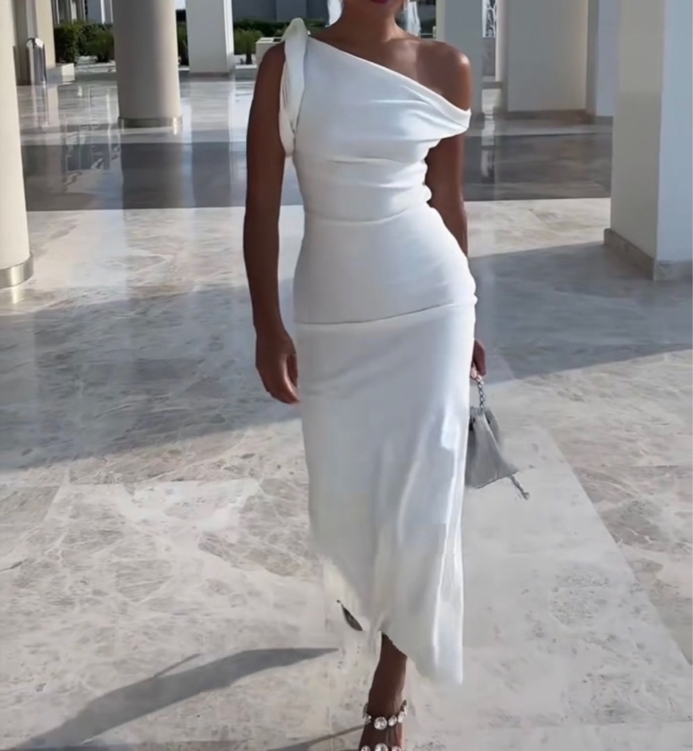 zara asymmetric midi dress in ecru, Women's Fashion, Tops, Sleeveless on  Carousell