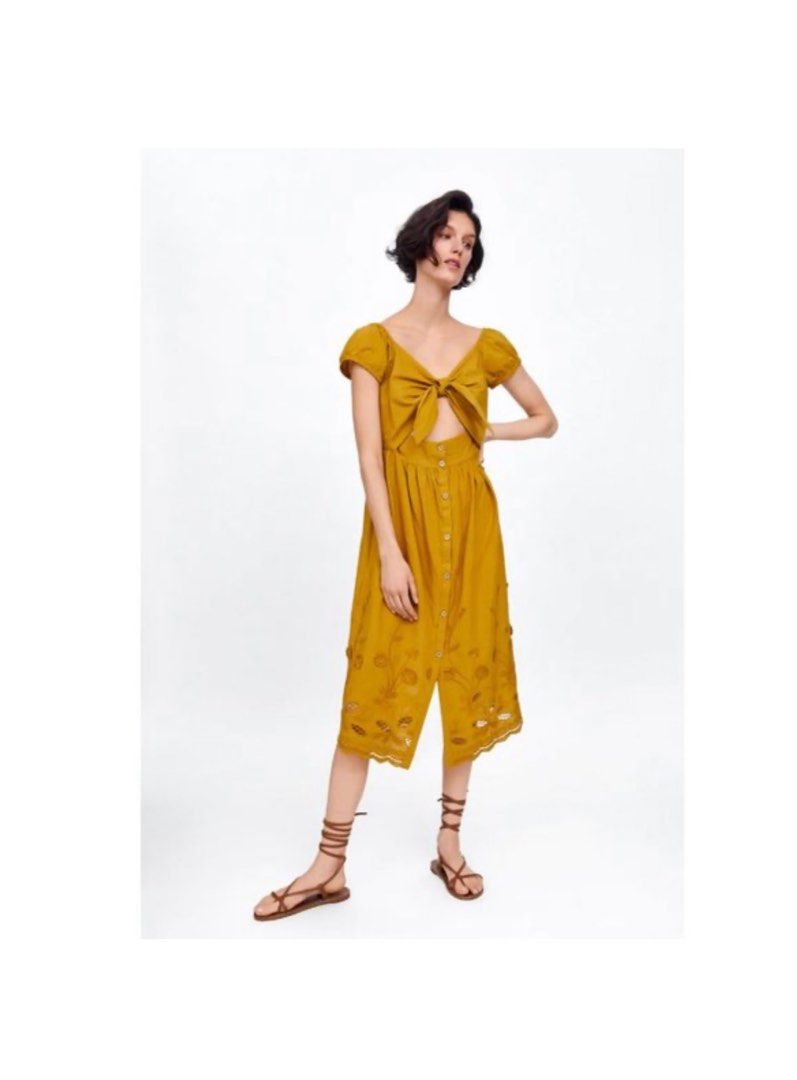 Zara Mustard Yellow Embroidered Midi Dress Women s Fashion