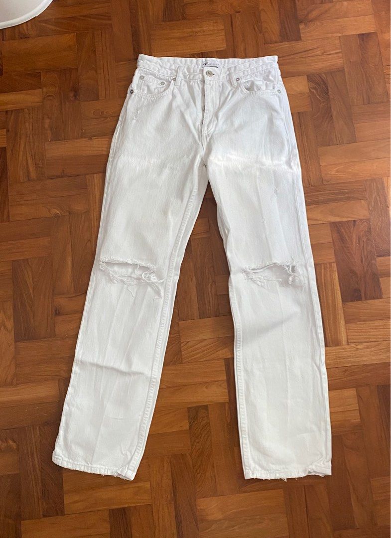 ZARA Straight full length ripped jeans white EU38, Women's Fashion