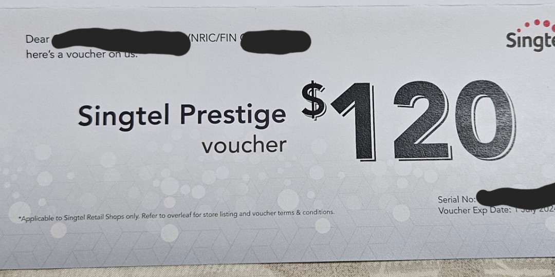 $120 Singtel Prestige Voucher, Tickets & Vouchers, Vouchers on Carousell
