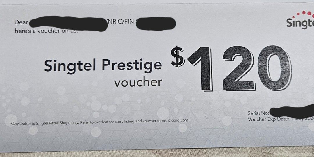 120 Singtel Prestige Voucher, Tickets & Vouchers, Vouchers on Carousell