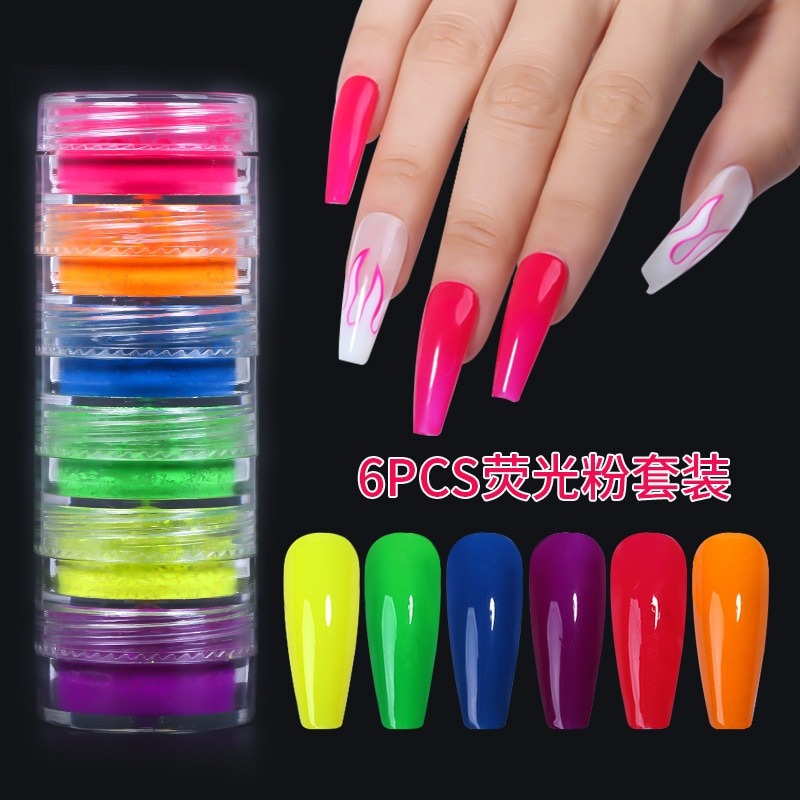 6 Box Neon Pigment Powder Set Candy Colors Fluorescent Nail