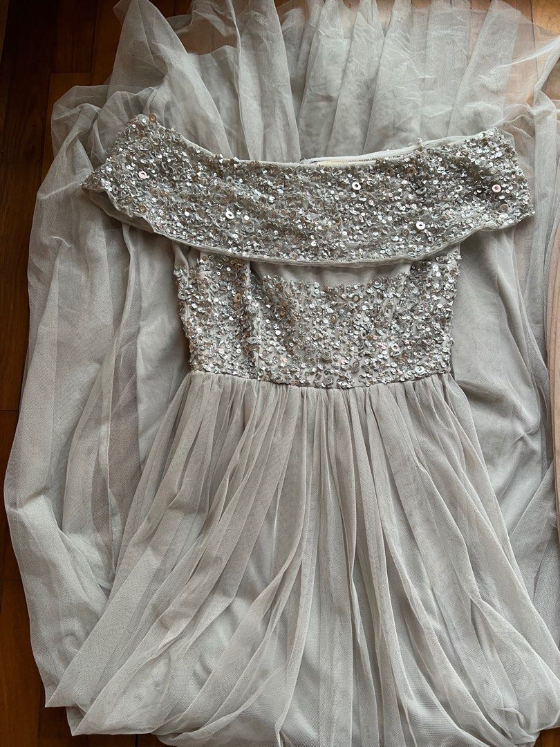 ASOS Maya Bardot Sequin Top Tulle Detail Dress With High Low Hem