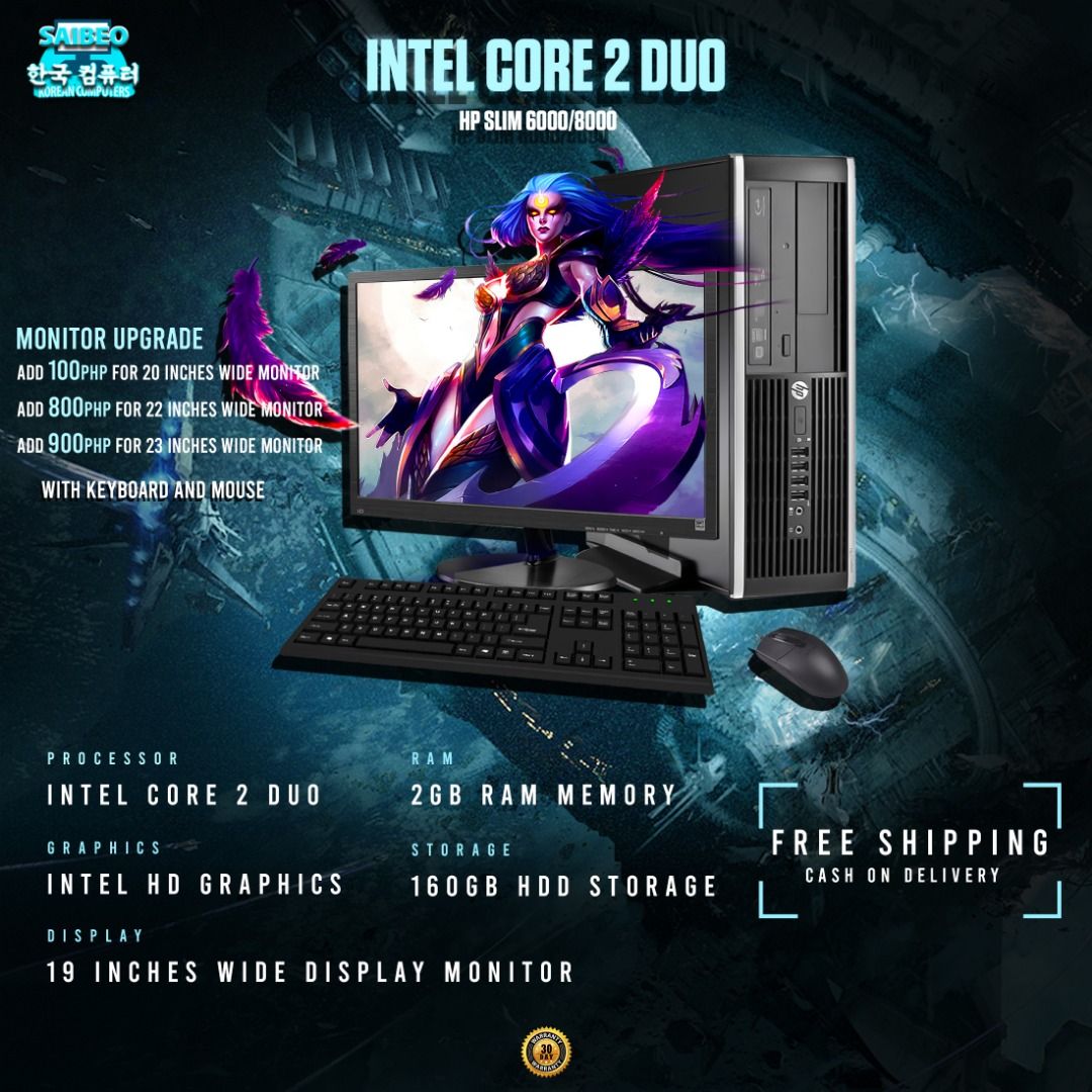 BACK TO SCHOOL PROMO!!! PC DESKTOP PACKAGE (Category: Desktops) located in Quezon City. Submitted by pckct_maryrose (Listing ID 1250979945, Image 1). Description: BACK TO SCHOOL DESKTOP PACKAGE PROMO!! ✧HP SLIM DESKTOP PACKAGE✧ CORE 2 DUO 160GB HDD (Upgradable) 2GB RAM (Upgradable) ONBOARD GRAPHICS 19" WIDE MONITOR (ASST BRAND0 ORDINARY KEYBOARD & MOUSE VGA CABLE / POWER CORD Good for: ☛Online class ☛Browsing ☛Office Work ☛Printing business With 