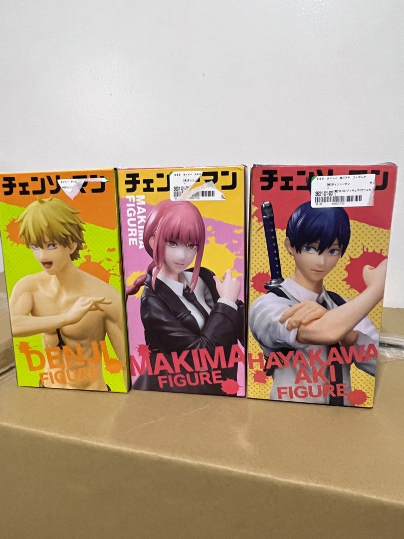 CHAINSAW MAN DENJI/ MAKIMA / AKI (Category: Figurines & Statues) located in Manila. Submitted by melvinnavarro (Listing ID 1251092327, Image 1). Description: - BACK IN BOX - NEVER DISPLAYED CHINECK LNG UNG ITEM - NO ISSUE - 100% AUTHENTIC / ORIGINAL - SOLD AS SET ONLY - JAPAN RELEASE 100% LALAMOVE OR MEET UP ONLY.