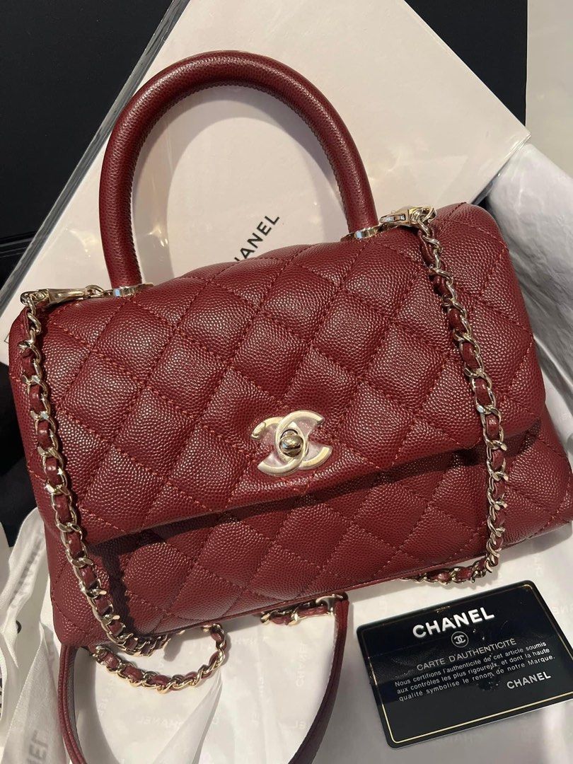 Chanel Burgundy Coco Handle Small, Luxury, Bags & Wallets on Carousell