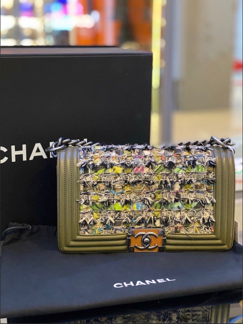 Chanel Old Medium Boy in Khaki Tweed RHW Luxury Bags Wallets on Carousell