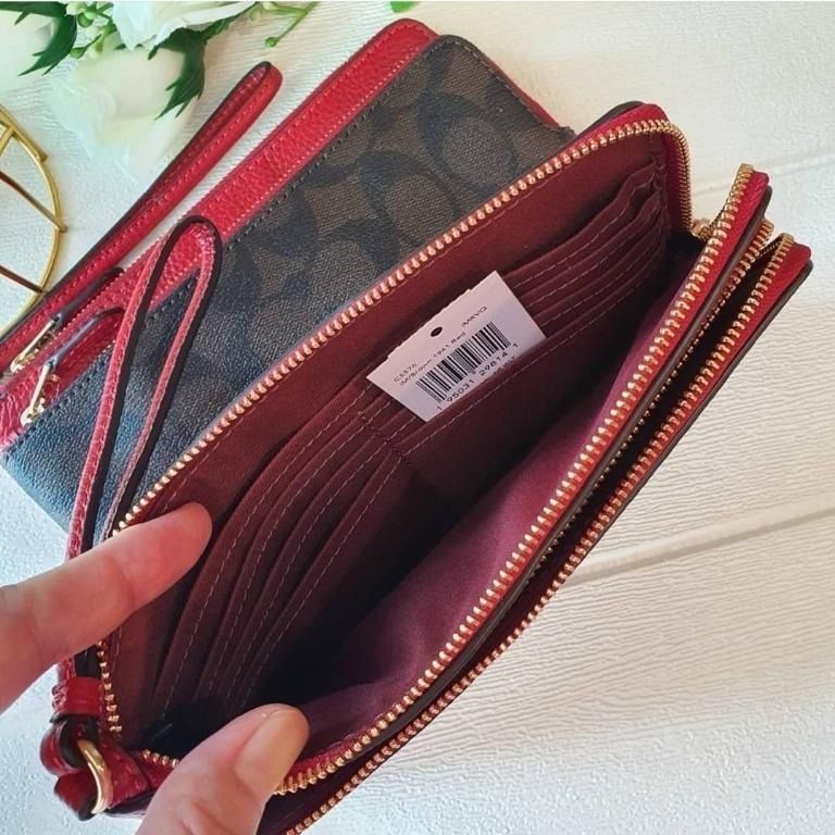 Coach Double Zip Signature Canvas Brown Red Wristlet Wallet C5576