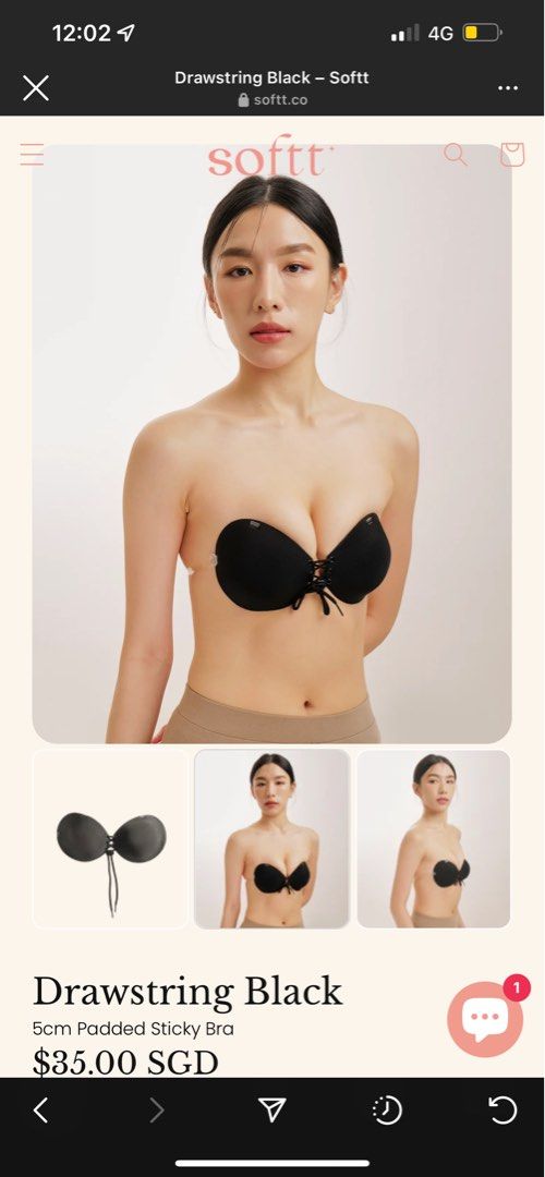 Drawstring black 5cm padded sticky bra, Women's Fashion, New