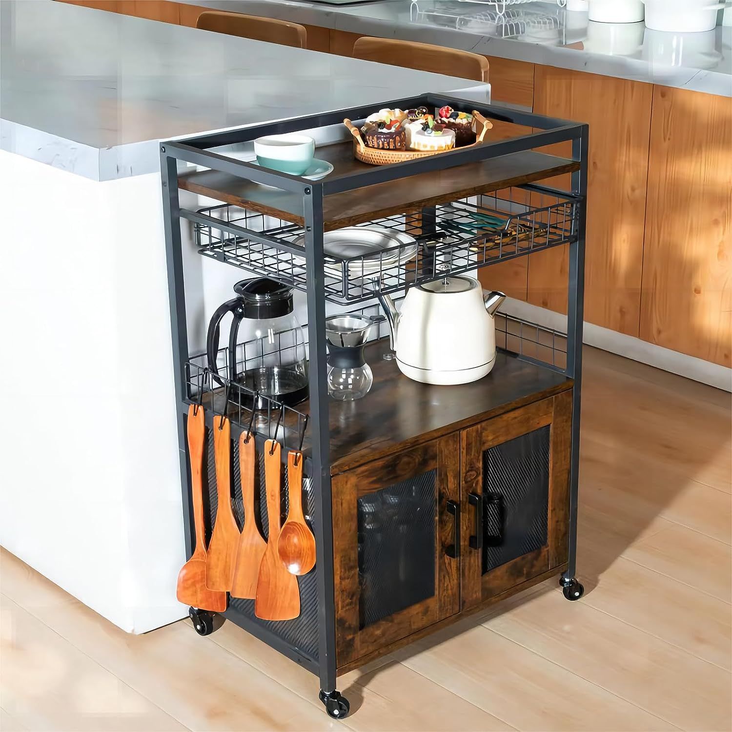 Hencawima Kitchen Island Microwave Cart Stand with Storage Cabinet Wire Basket Drawer on Wheels Bar Cart Rolling Coffee Cart Home Bakers Rack with 5 Hooks Rustic Brown CFG FX Furniture Home