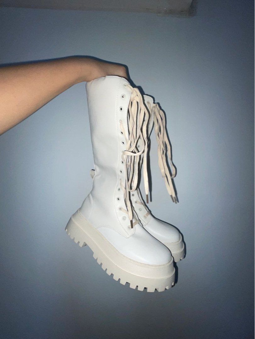 White knee top high combat boots
