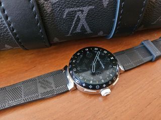 Pre-owned Louis Vuitton Tambour Quartz Brown Dial Men's Watch Q1111, Quartz Movement, Genuine Leather Strap, 39 mm Case in Black / Brown