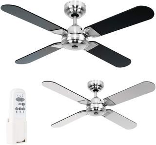 MiniSun 42" Metal Brushed Chrome Modern Propeller Design Ceiling Fan with 4 x Black Blades & a Handy Remote Control