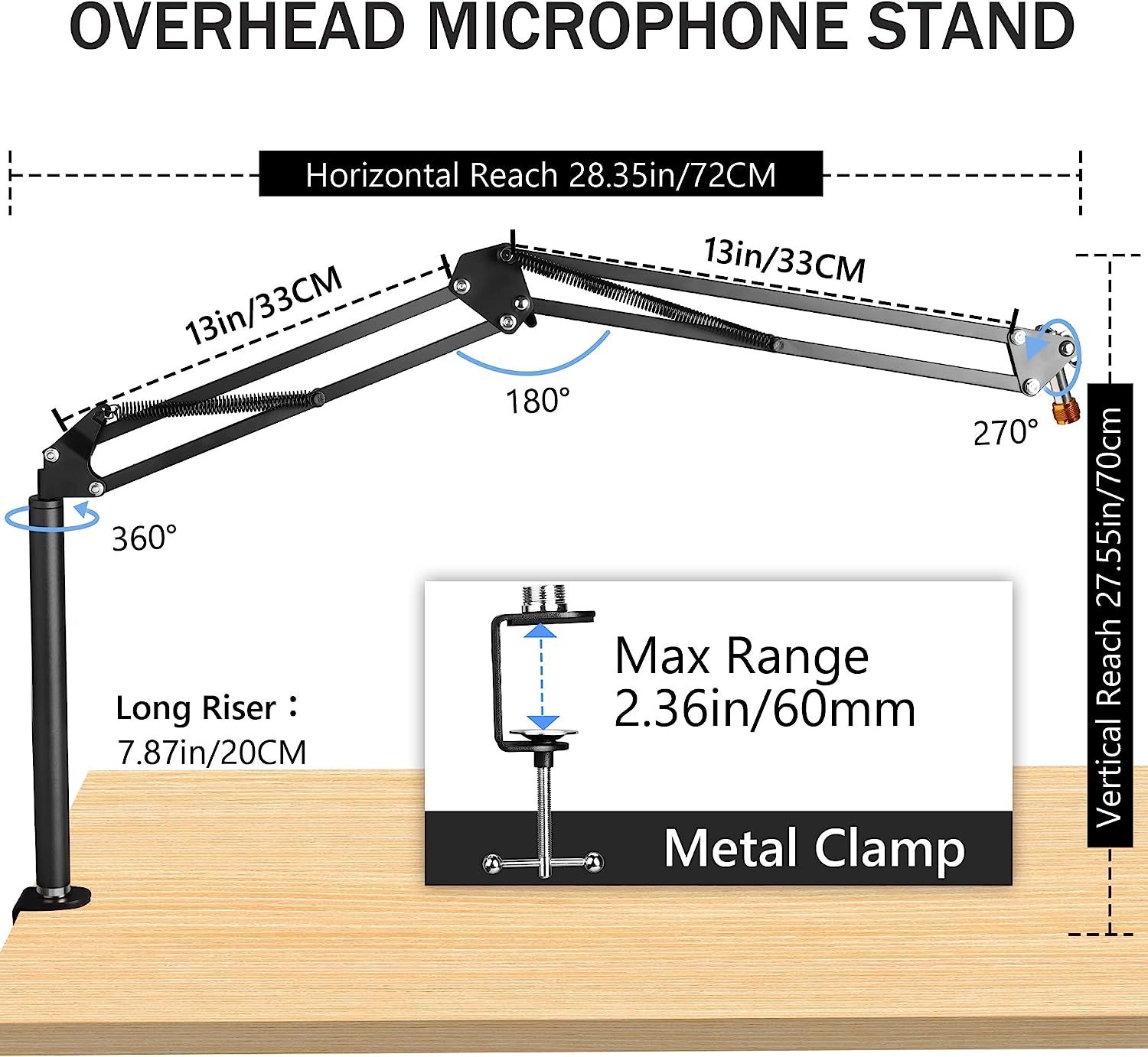 Overhead Mic Boom Arm Stand, eWonLife Desk Microphone Boom Arm Stand ...
