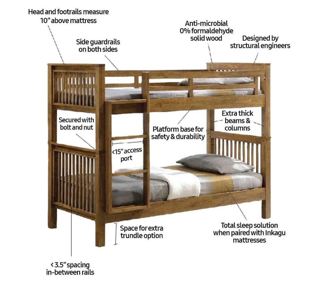 Picket and Rail double decker bed with single mattress, Furniture