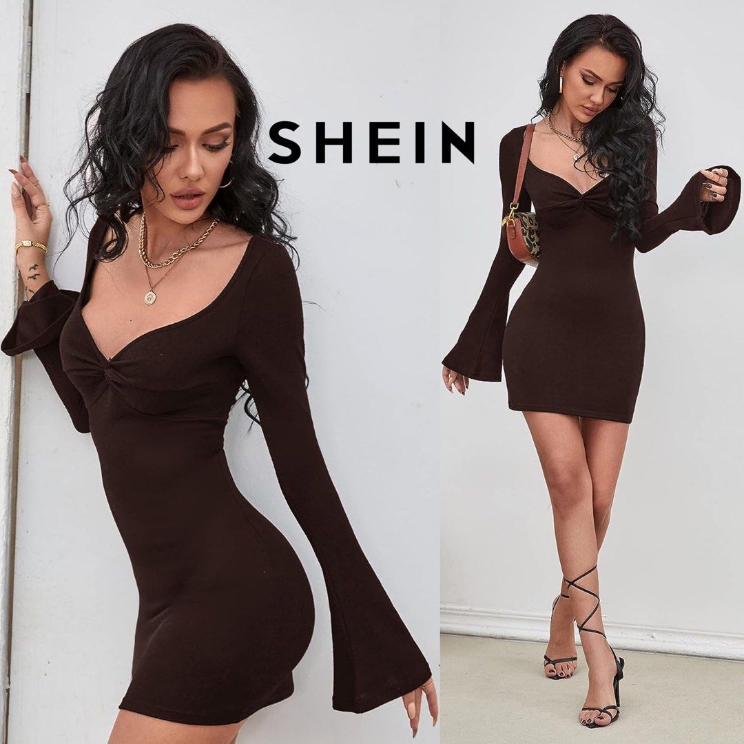 SHEIN Brown Long Sleeve Twist Front Bodycon Dress Sweetheart Neck Short  Pencil Dresses Ribbed Knit Terusan Pendek Lengan Panjang Coklat Tua Rajut A 