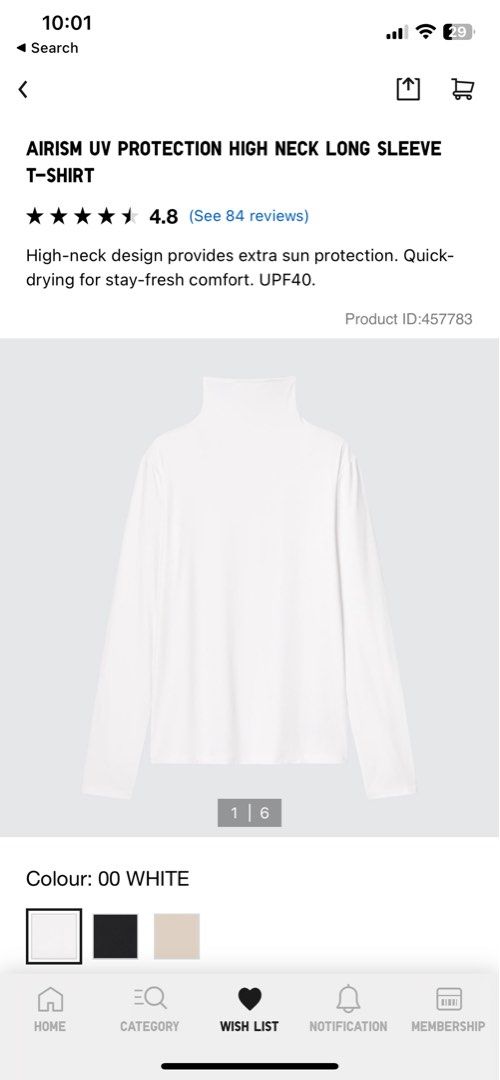 UNIQLO AIRism UV Protection High Neck Long Sleeve T-Shirt (Innerwear)