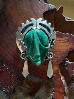 Vintage Mayan Warrior Carved Malachite in Sterling Silver - Brooch Pendant