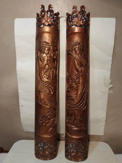 Vintage Pair Chinese Carved  Bamboo Walls Panel