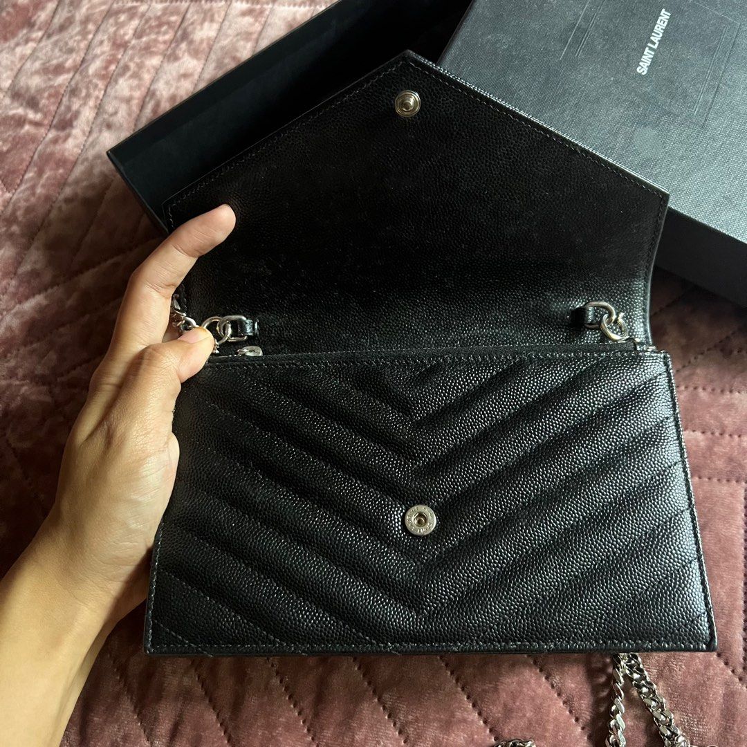 YSL wallet on chain (WOC) in dark grey smog, Luxury, Bags & Wallets on  Carousell