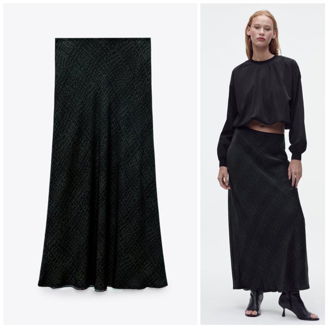 SALE Zara FLOWY MAXI SKIRT Black Khaki
