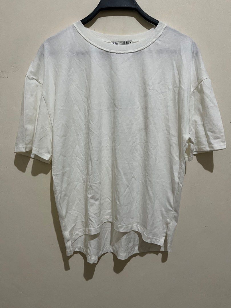 Zara Purl Stitch T-Shirt White, Fesyen Wanita, Pakaian Wanita
