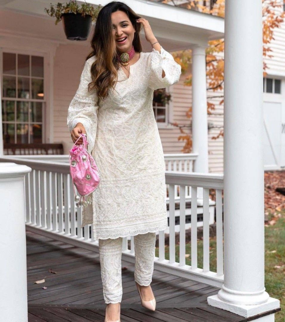 Cotton White Embroidered Chikan Kurti With Pant