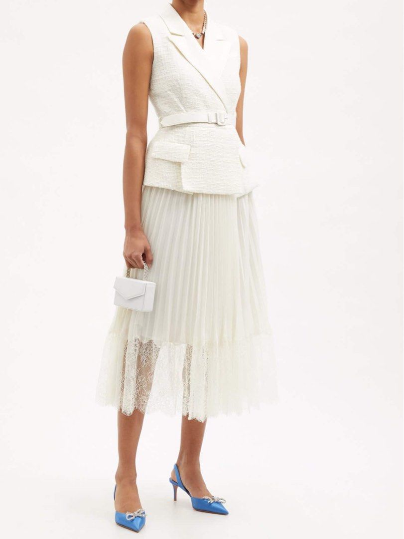 self portrait cream tailored boucle and chiffon midi dress Cream Tailored Boucle Chiffon Maxi Dress self-portrait-US