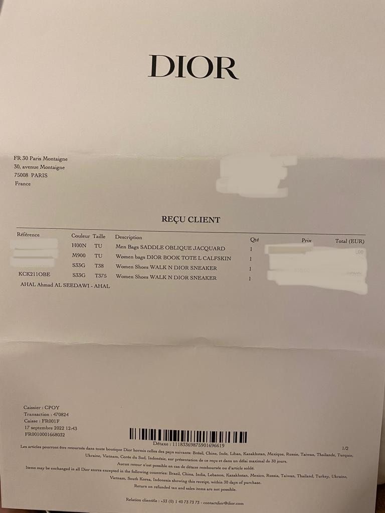 Facture dior top b23