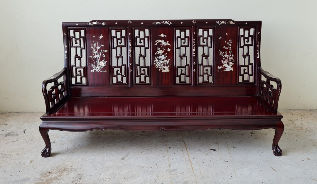 Fully restored vintage rosewood furniture set with mother of pearl