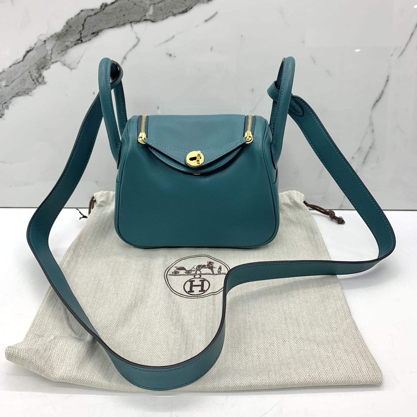 Hermès Mini Lindy 20 Clemence Vert Bosphore GHW Turquoise Leather