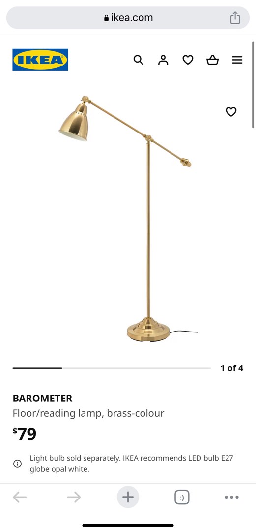 Ikea Barometer standing lamp vintage brass gold, Furniture & Home