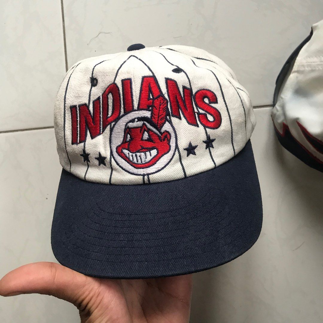 Vintage Cleveland Indians Chief Wahoo Starter White Pinstripe Snapback Hat  MLB