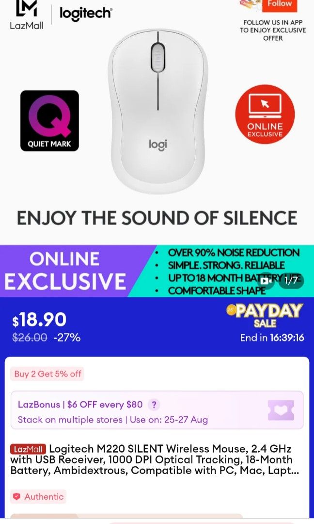 Logitech Silent Mouse, Computers & Tech, Parts & Accessories, Mouse ...