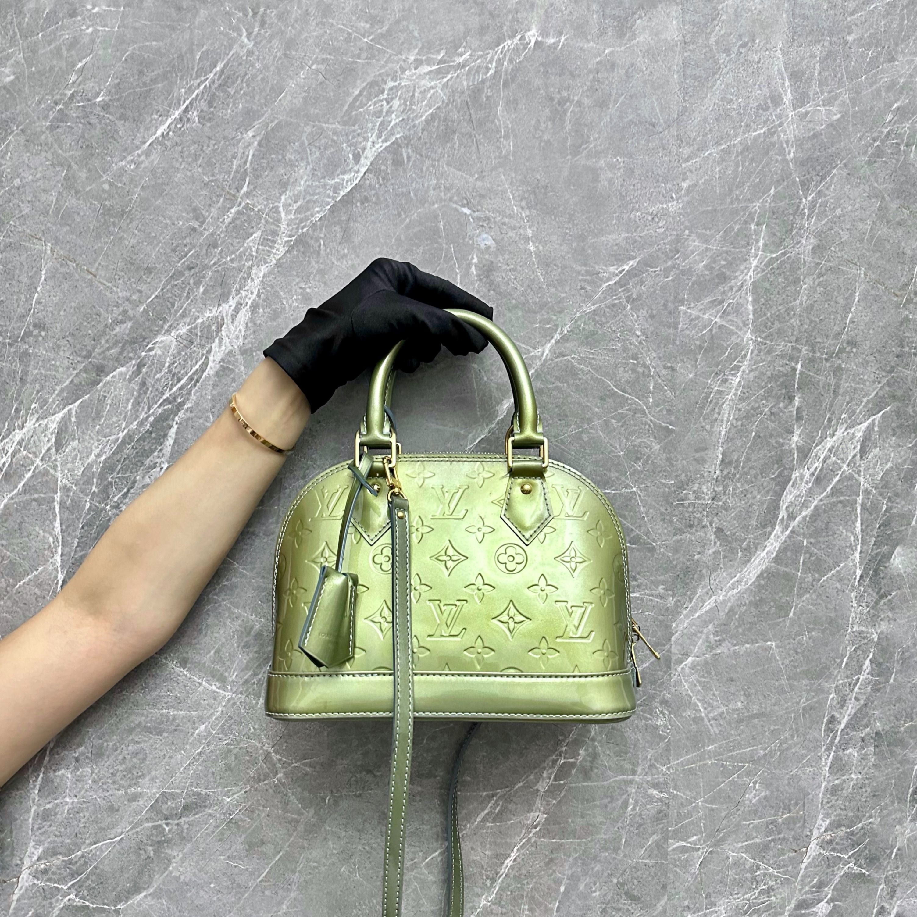 LV Alma BB Vernis Patent Leather Olive Green, Luxury, Bags