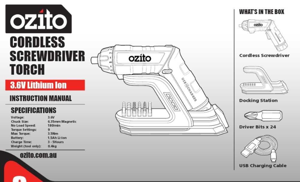 Ozito 3.6V lithium Ion Cordless Rechargeable Screwdriver Flashlight