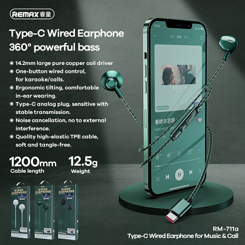 REMAX RM-711A TYPE-C EARPHONE FOR MUSIC & CALL, Type C Earphone Type C ...