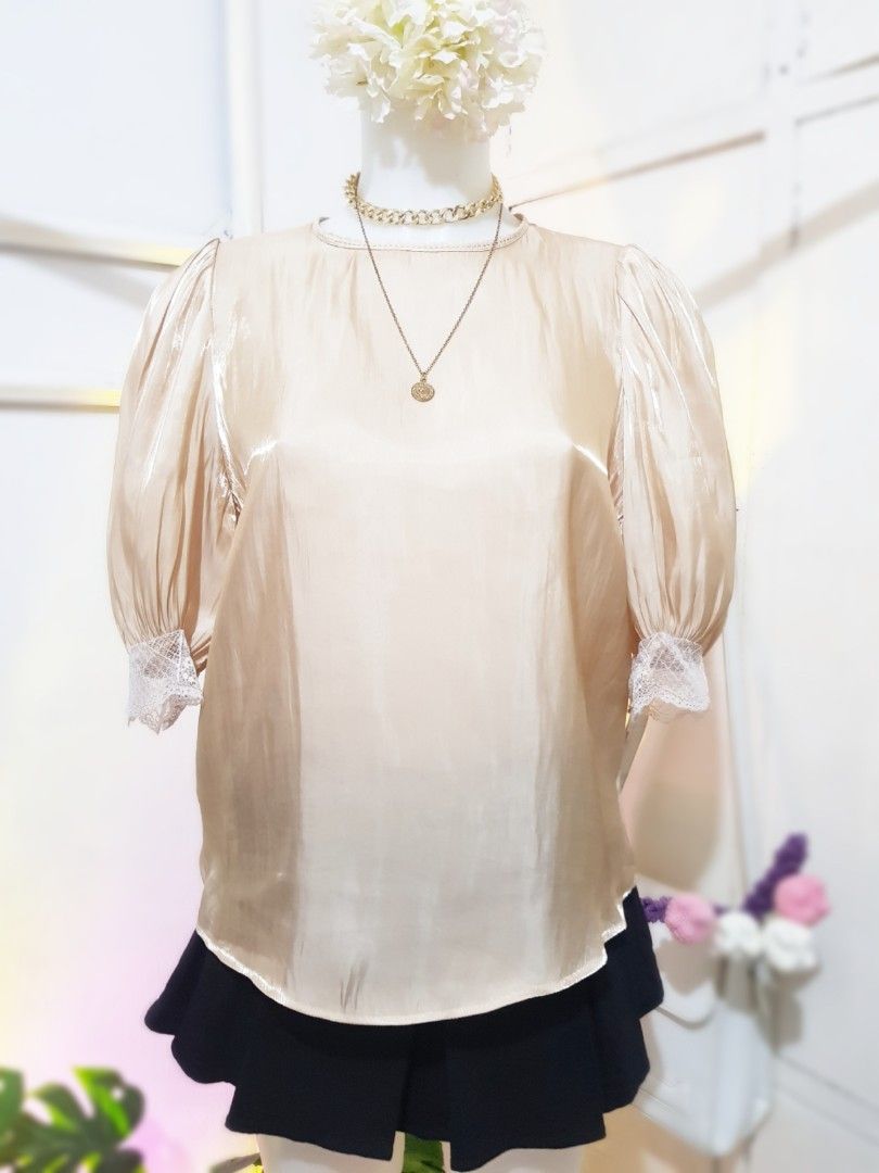 Satin Puff Sleeve Blouse, Women's Fashion, Tops, Blouses on Carousell