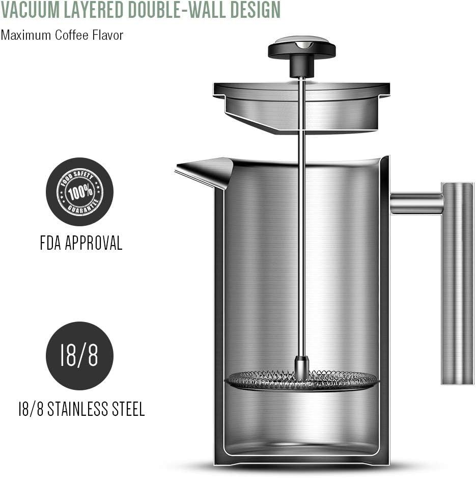 Secura French Press Coffee Maker, 304 Grade Stainless Steel Insulated  Coffee Press with 2 Extra Screens, 34oz (1 Litre), Silver