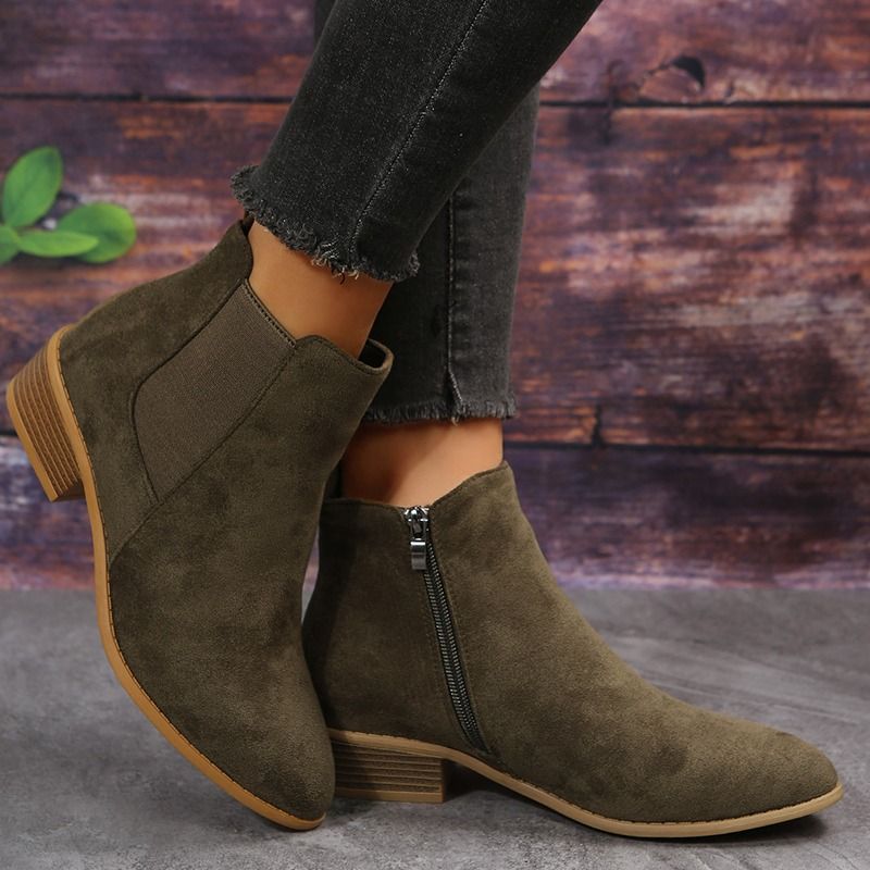 Womens Solid Boots Short Tube Point Toe Faux Leather Zipper Chunky