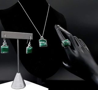 925 STERLING SILVER GREEN STONE NECKLACE, EARRINGS AND RING  (Malachite)