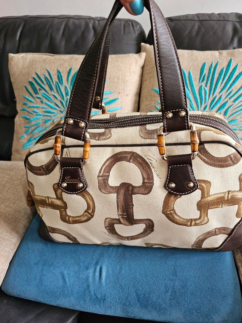 AUTH GUCCI 154377 BAMBOO HORSEBID PRINT HANDBAG