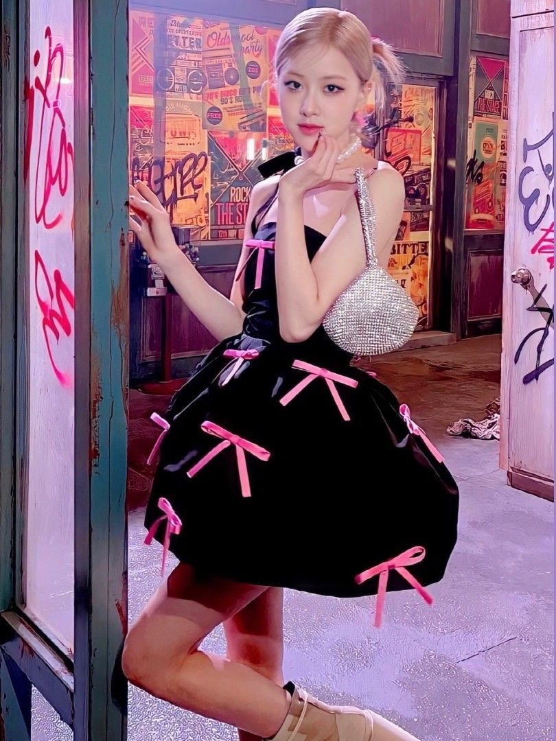 Blackpink rose insp Bow Pink Black Short dress