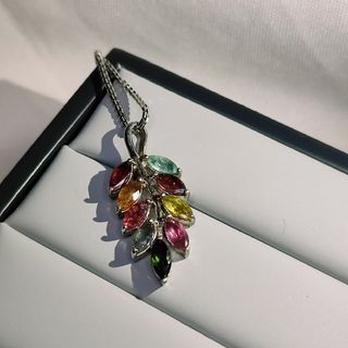 🌈Certified Multicolor Natural Genuine Tourmaline Pendant in Pure Sterling Silver 925  Dipped in White Gold 🎋