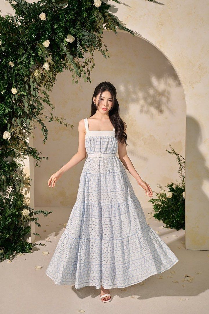 Chello AMELIE 3 WAY MAXI DRESS IN WHITE BLUE BRODERIE ANGLAISE Women s Fashion Dresses Sets Dresses on Carousell