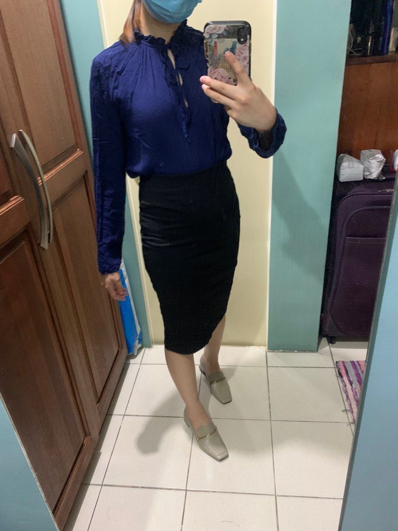 Corporate Attire - Mango, H&M, Zalora (Category: Sets or Coordinates) located in Taguig. Submitted by jennifer_sells (Listing ID 1251341036, Image 1). Description: 350 EACH SLIGHTLY NEGOTIABLE ONLY EVERYTHING IN PRISTINE CONDITION BUY 2 or more, 300 EACH RFS: WORK FROM HOME > Mango dark blue top with tie detail > H&M black satin long sleeves > H&M pencil skirt with Gold zipper at the back > H&M White polka dot 3/4 top > Zalora skirt tweed > Mango