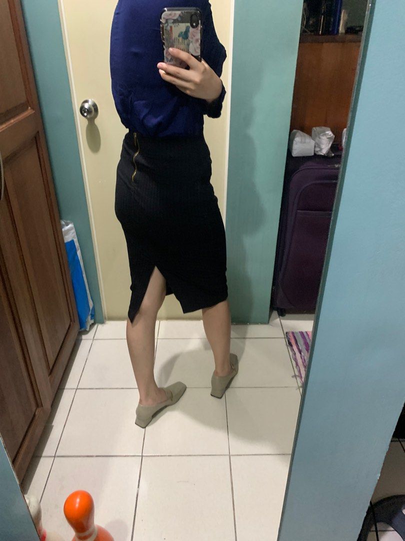 Corporate Attire - Mango, H&M, Zalora (Category: Sets or Coordinates) located in Taguig. Submitted by jennifer_sells (Listing ID 1251341036, Image 2). Description: 350 EACH SLIGHTLY NEGOTIABLE ONLY EVERYTHING IN PRISTINE CONDITION BUY 2 or more, 300 EACH RFS: WORK FROM HOME > Mango dark blue top with tie detail > H&M black satin long sleeves > H&M pencil skirt with Gold zipper at the back > H&M White polka dot 3/4 top > Zalora skirt tweed > Mango